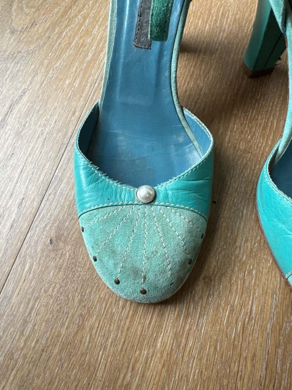 Vintage Marc Jacobs Turquoise Suede & Leather Mary Jane Heels - Size 38 - Picture 11 of 11
